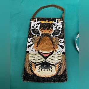Beaded Tiger Face Clutch - Black, Brown, and White